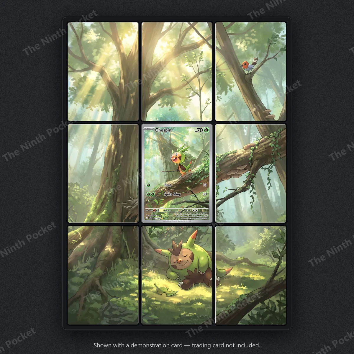 Chespin 087/086 Chaos Rising extended art binder page in a 9-pocket binder, shown with a demonstration card
