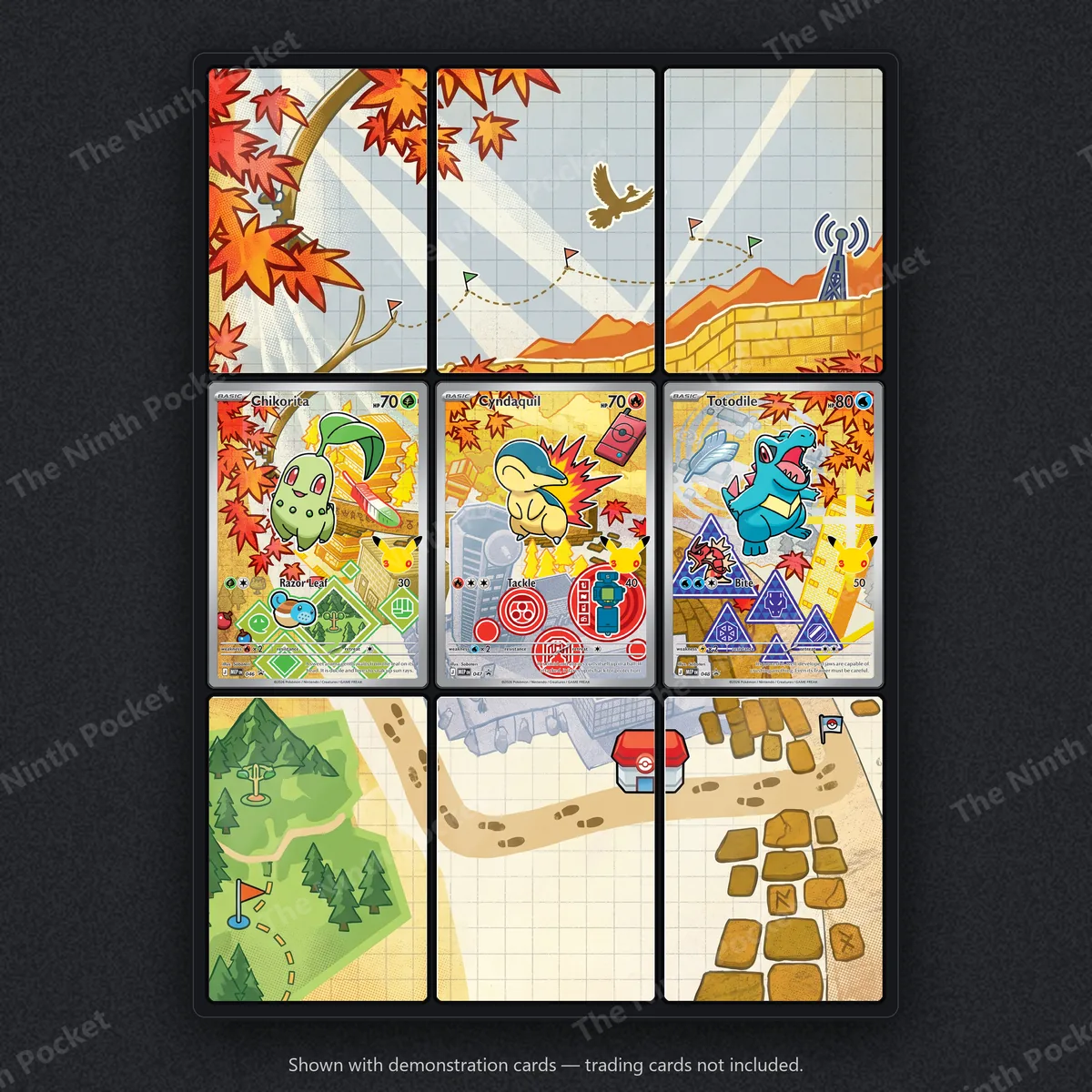 Chikorita, Cyndaquil & Totodile 46, 47, 48 Mega Evolution Black Star Promos extended art binder page in a 9-pocket binder, shown with a demonstration card