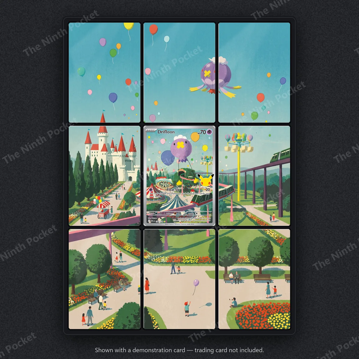 Drifloon 136/128 30th Celebration extended art binder page in a 9-pocket binder, shown with a demonstration card
