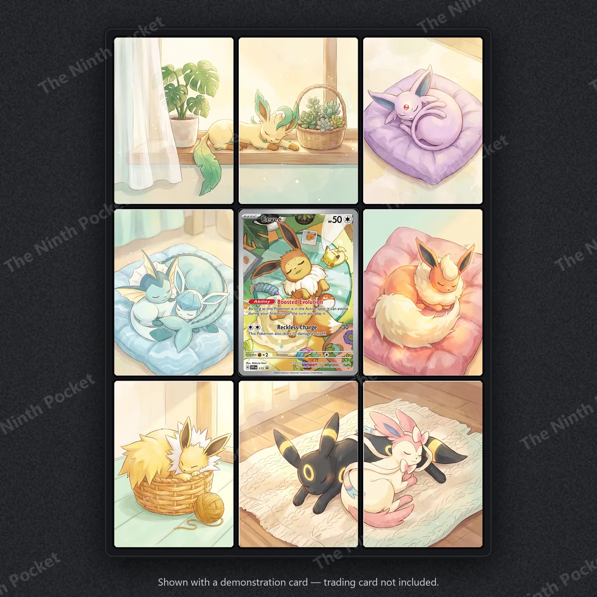 Eevee 173 SV Promo extended art binder page in a 9-pocket binder, shown with a demonstration card