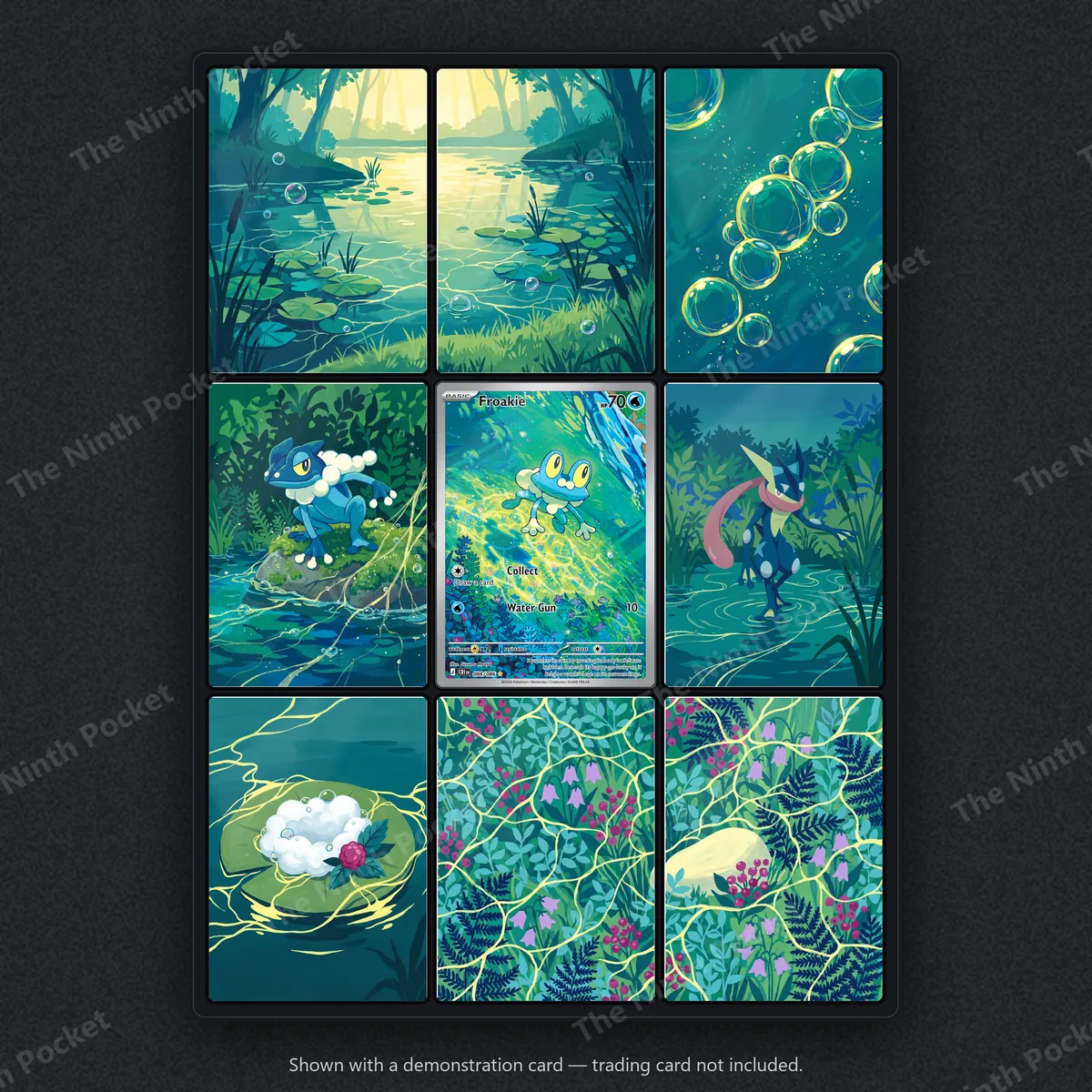Froakie 088/086 Chaos Rising extended art binder page in a 9-pocket binder, shown with a demonstration card