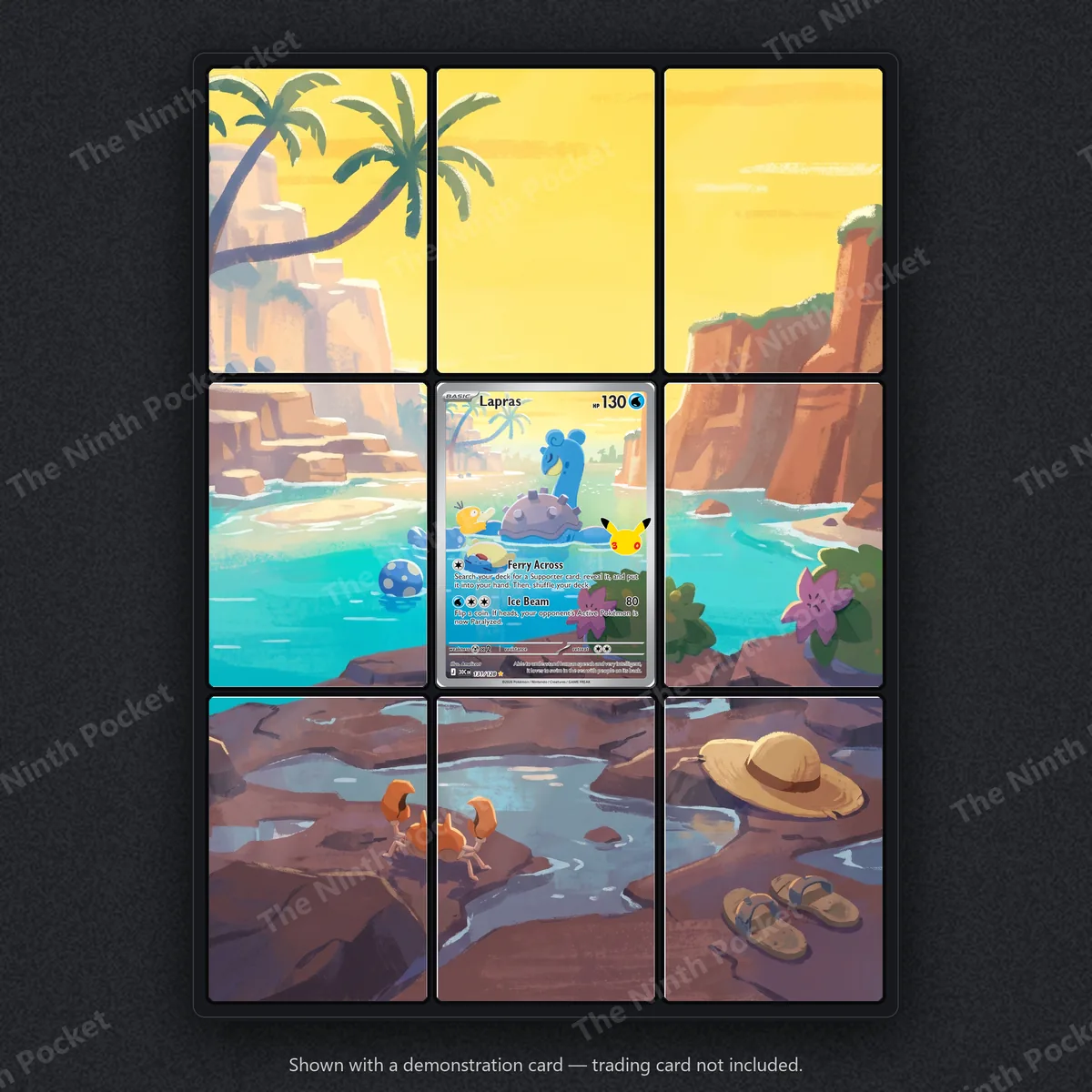 Lapras 131/128 30th Celebration extended art binder page in a 9-pocket binder, shown with a demonstration card