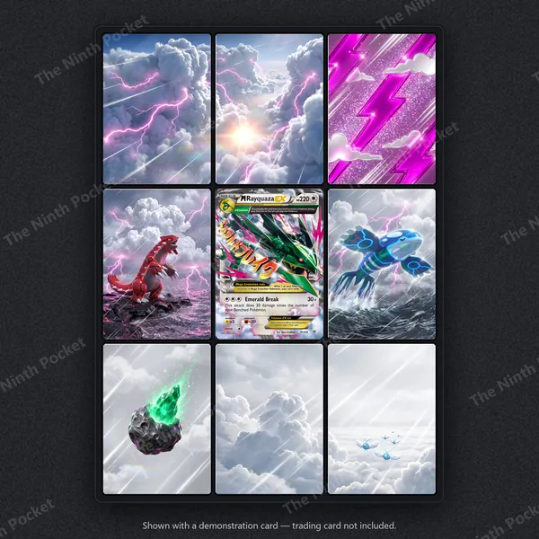 M Rayquaza EX 76/108 Roaring Skies binder page shown in a 9-pocket binder