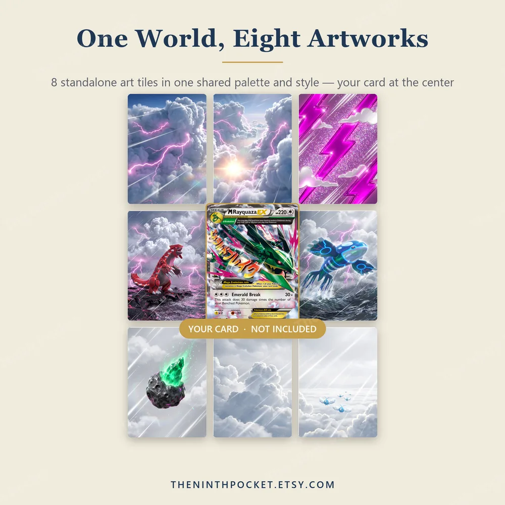 M Rayquaza EX 76/108 Roaring Skies: the eight tiles laid out around the card