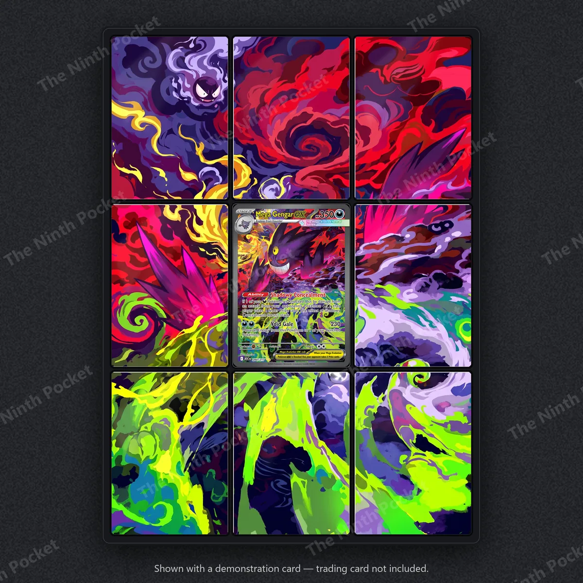 Mega Gengar ex 284/217 Ascended Heroes extended art binder page in a 9-pocket binder, shown with a demonstration card