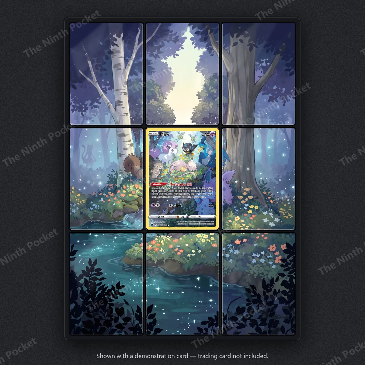 Mew GG10 Crown Zenith Galarian Gallery GG10/GG70 extended art binder page in a 9-pocket binder, shown with a demonstration card