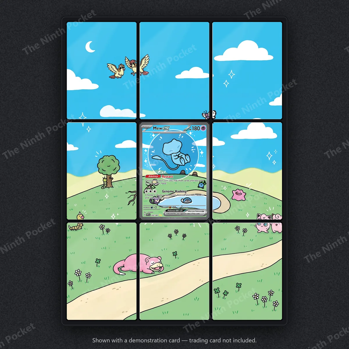 Mew ex 232/091 Paldean Fates extended art binder page in a 9-pocket binder, shown with a demonstration card