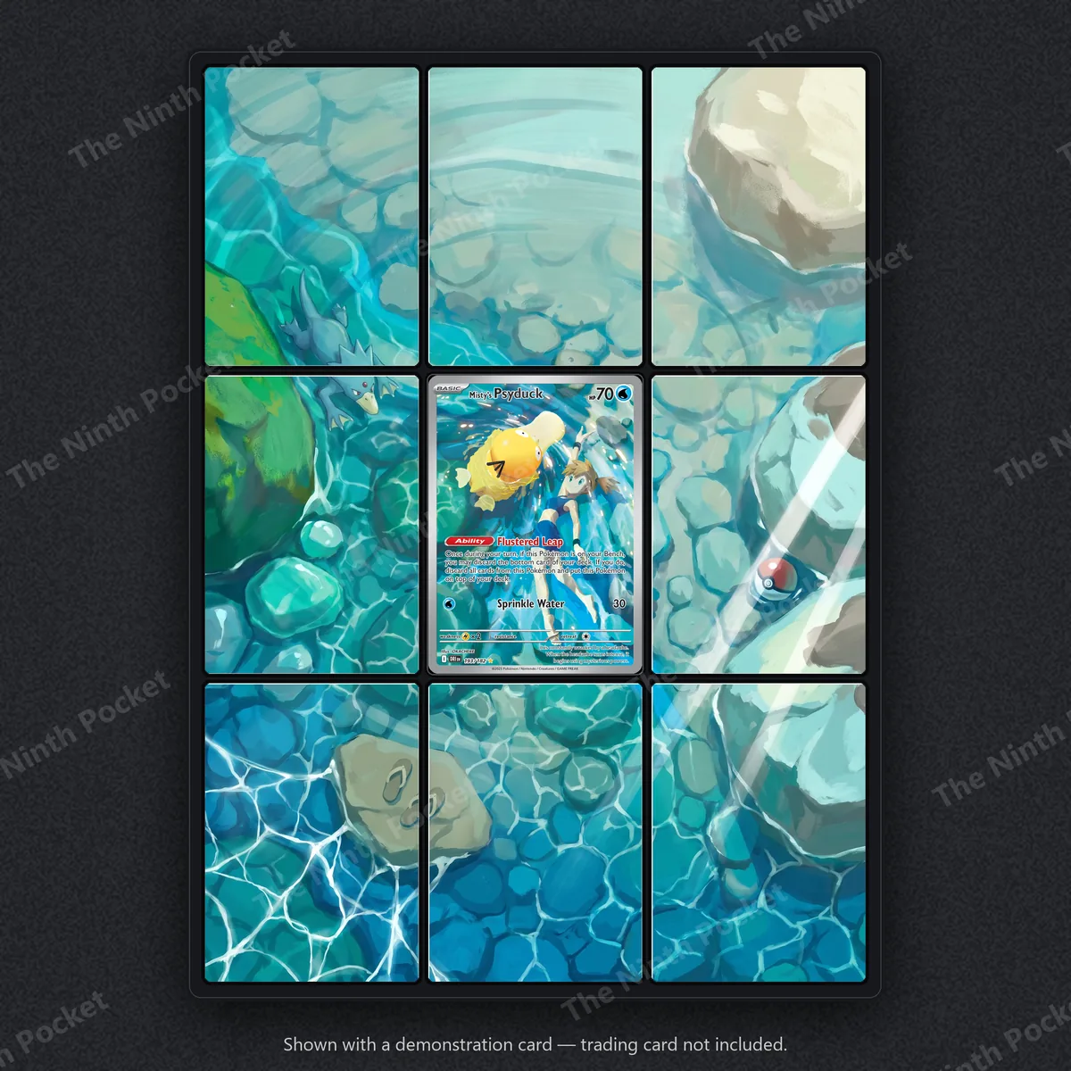 Misty's Psyduck 193/182 Destined Rivals extended art binder page in a 9-pocket binder, shown with a demonstration card