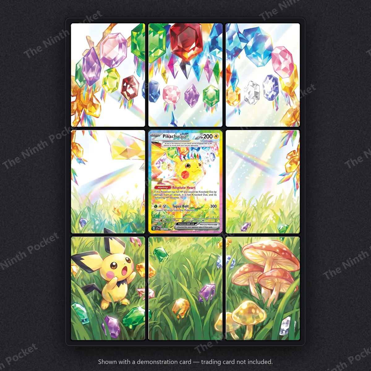 Pikachu ex 238/191 Surging Sparks extended art binder page in a 9-pocket binder, shown with a demonstration card