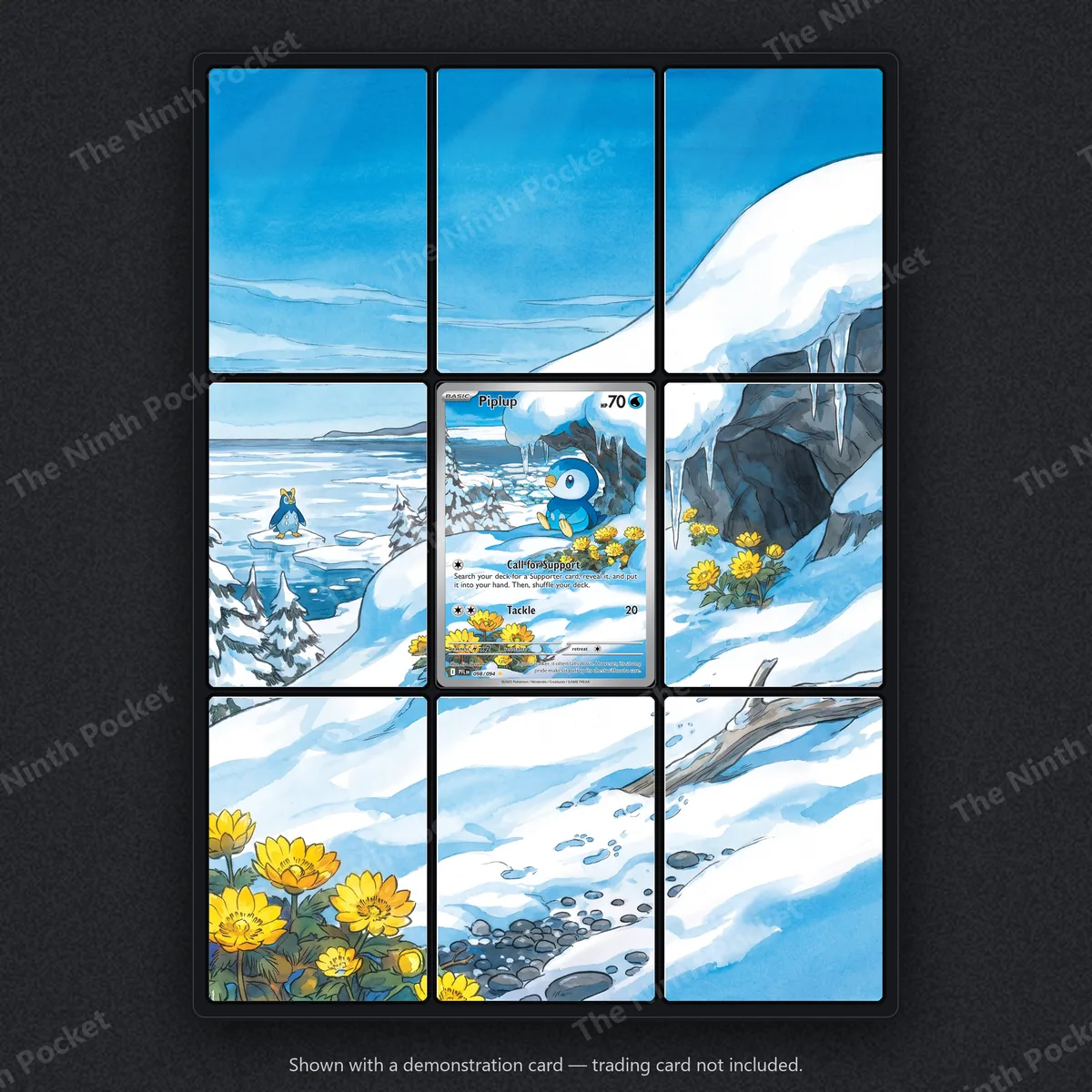 Piplup 098/094 Phantasmal Flames extended art binder page in a 9-pocket binder, shown with a demonstration card