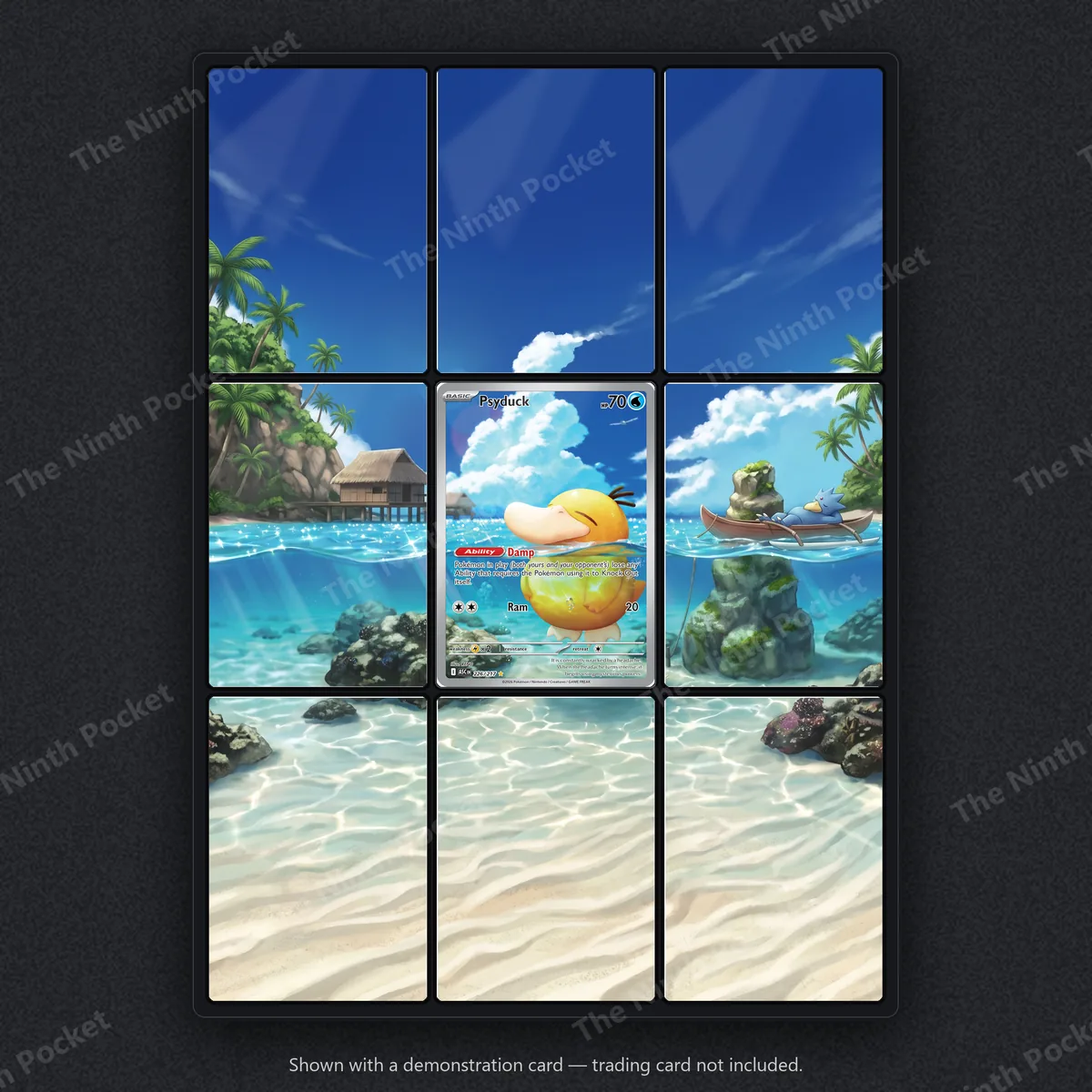 Psyduck 226/217 Ascended Heroes extended art binder page in a 9-pocket binder, shown with a demonstration card