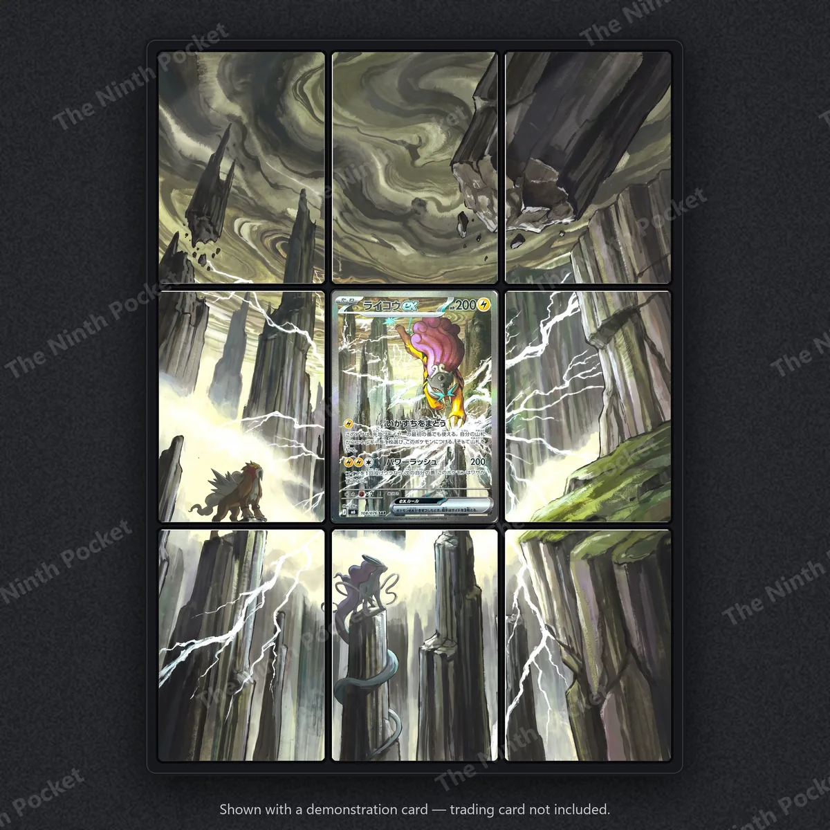 Raikou ex 108/076 Delta Reign extended art binder page in a 9-pocket binder, shown with a demonstration card