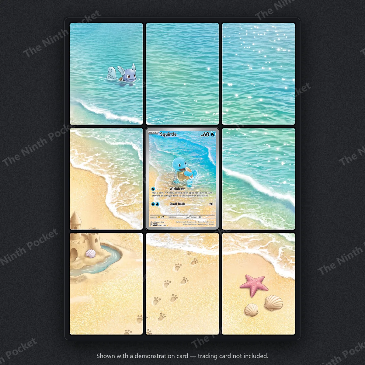 Squirtle 170/165 Scarlet & Violet 151 extended art binder page in a 9-pocket binder, shown with a demonstration card