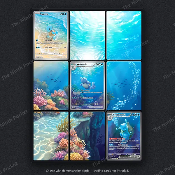 Squirtle, Wartortle & Blastoise ex 170, 171, 200/165 Scarlet & Violet 151 binder page shown in a 9-pocket binder