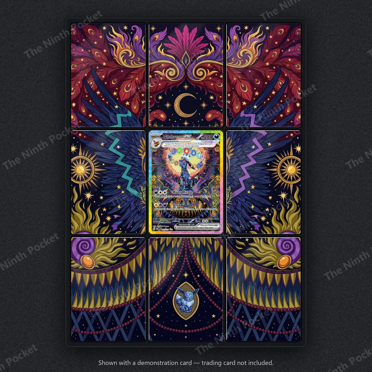 Umbreon ex 161/131 Prismatic Evolutions extended art binder page in a 9-pocket binder, shown with a demonstration card